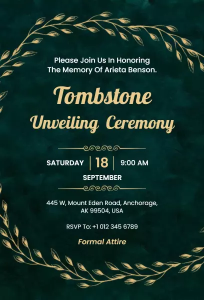 Tombstone Unveiling Ceremony Memorial Tribute Funeral Invitation Template