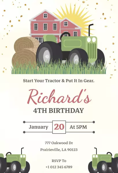 Tractor Themed Fourth Birthday Celebration Invitation Template