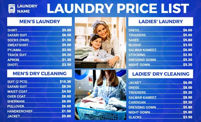 Traditional Blue Laundry and Dry Cleaning Price List Template