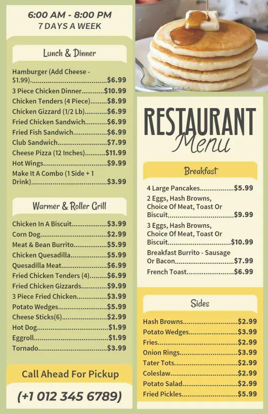 Traditional Breakfast and Lunch Combo Restaurant Menu Template