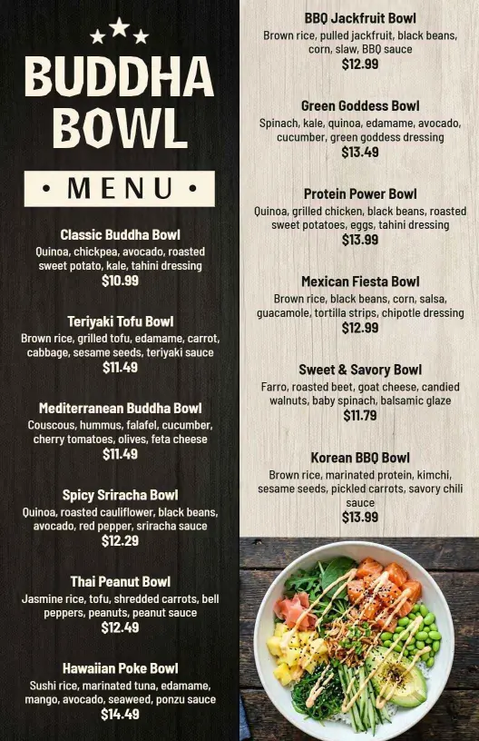 Traditional Buddha Bowl Offerings on Wooden Background Menu Template