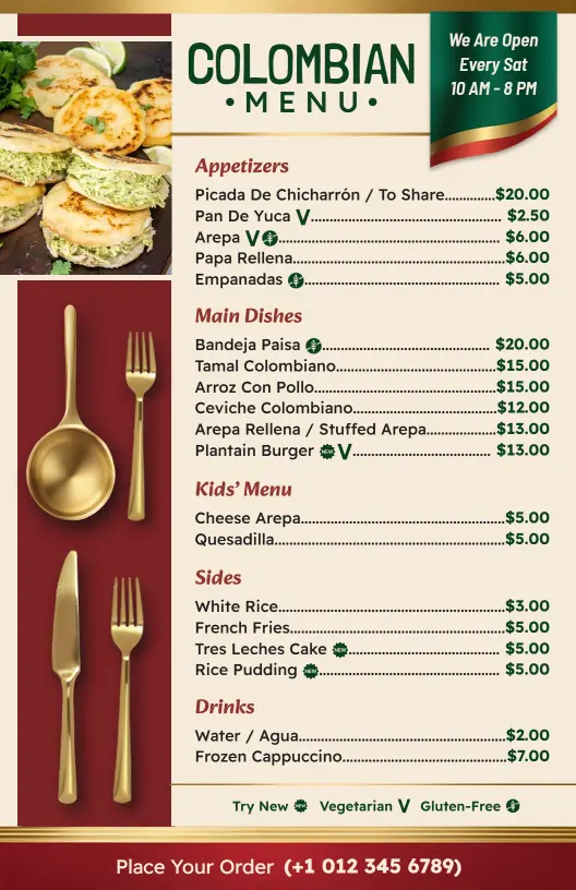 Traditional Colombian Appetizers and Main Courses Menu Template