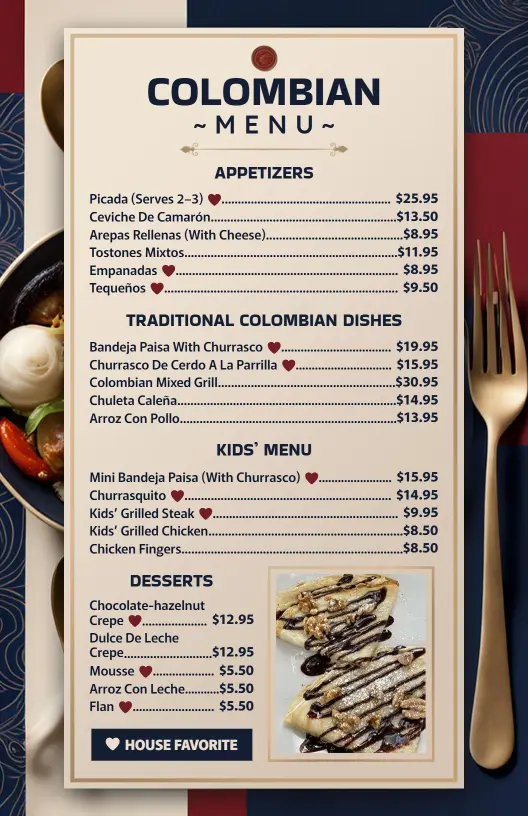 Traditional Colombian Flavor Appetizers and Mains Menu Template