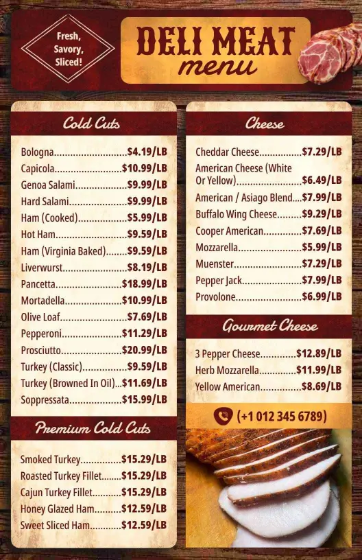 Traditional Deli Meat Varieties with Pricing Menu Template