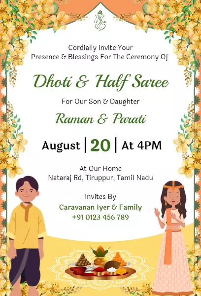 Traditional Dhoti Half Saree Ceremony Celebration Invitation Template