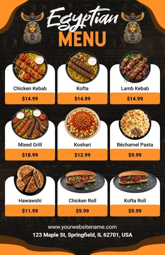 Traditional Egyptian Dishes Including Kofta and Kebab Menu Template