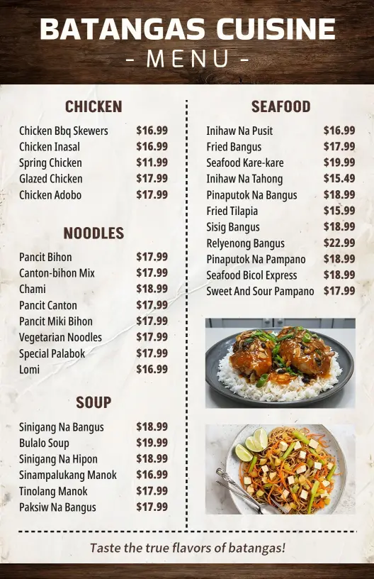 Traditional Filipino Batangas Cuisine and Seafood Menu Template