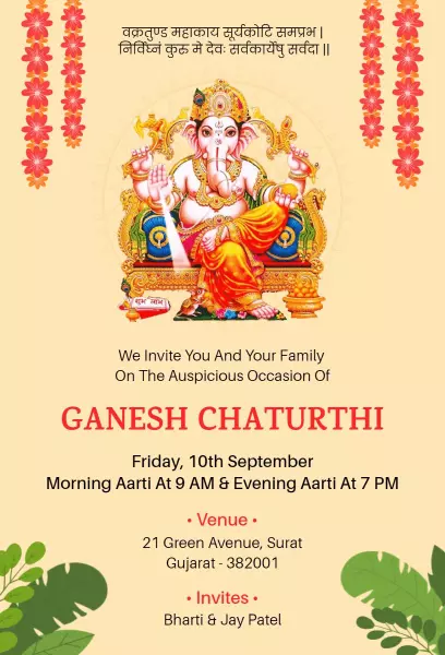 Traditional Ganesh Chaturthi Celebration Family Invitation Template
