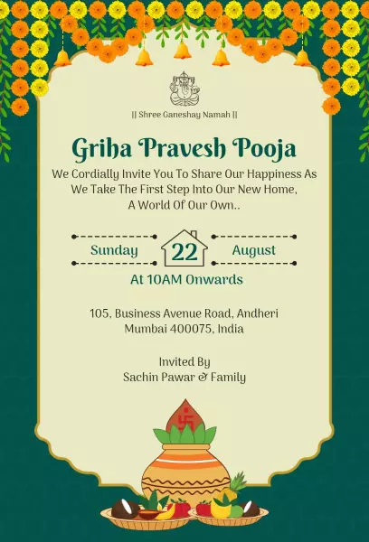 Traditional Griha Pravesh Pooja Home Blessing Invitation Template