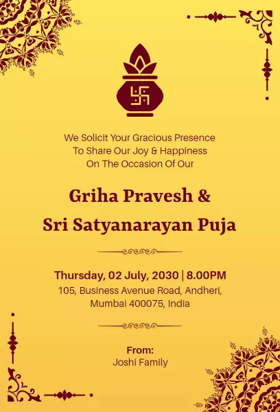 Traditional Griha Pravesh Sri Satyanarayan Puja Invitation Template