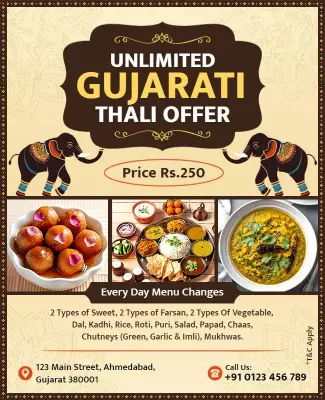 Traditional Gujarati Thali Offer with Colorful Indian Cuisine Poster Template