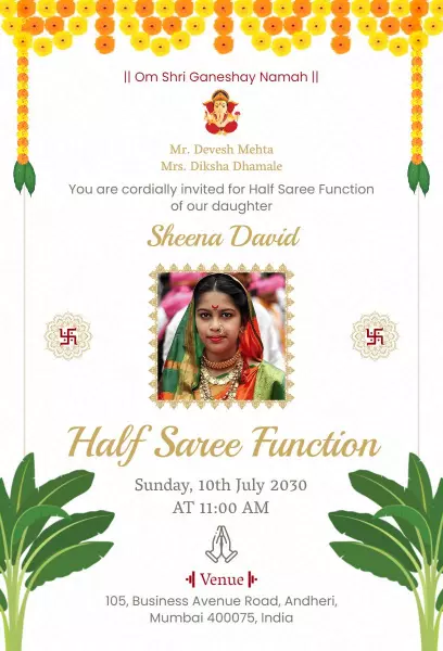 Traditional Half Saree Celebration Ceremony Invitation Template
