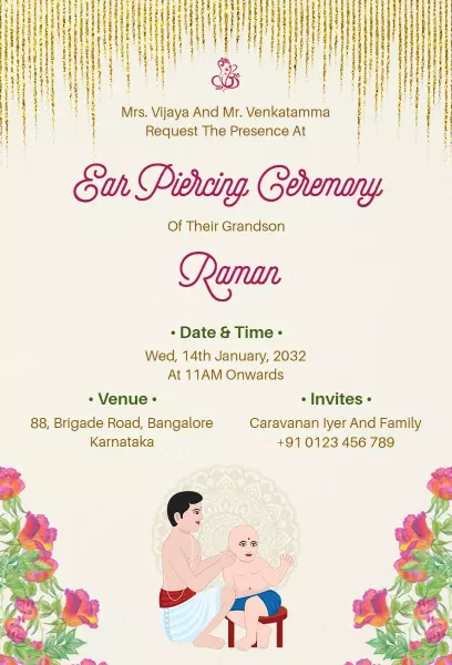 Traditional Hindu Ear Piercing Ceremony Elegant Invitation Template