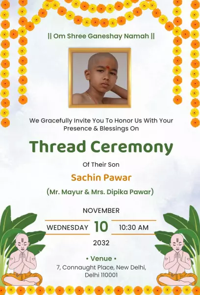 Traditional Hindu Thread Ceremony Blessing Invitation Template