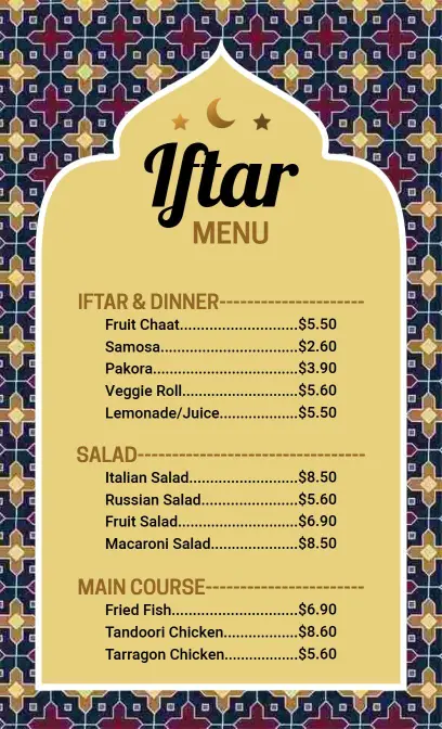 Traditional Iftar Delights with Refreshing Starters Holiday Menu Template