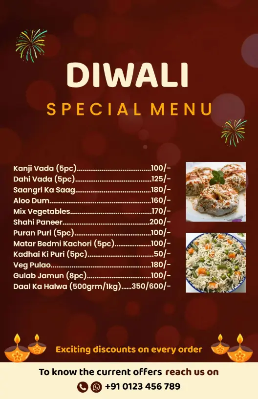 Traditional Indian Dishes and Festive Treats Diwali Menu Template