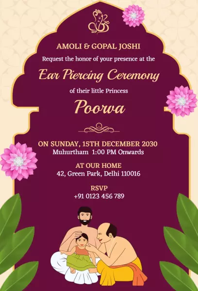 Traditional Indian Ear Piercing Ceremony Celebration Invitation Template