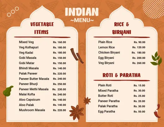 Traditional Indian Vegetable and Biryani Dishes Delight Menu Template