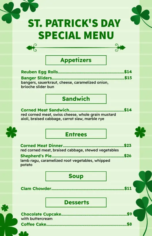 Traditional Irish Appetizers and Festive Dishes St. Patrick's Day Menu Template