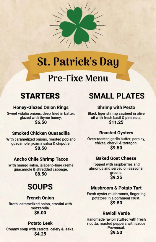 Traditional Irish Dishes and Festive Favorites St. Patrick's Day Menu Template