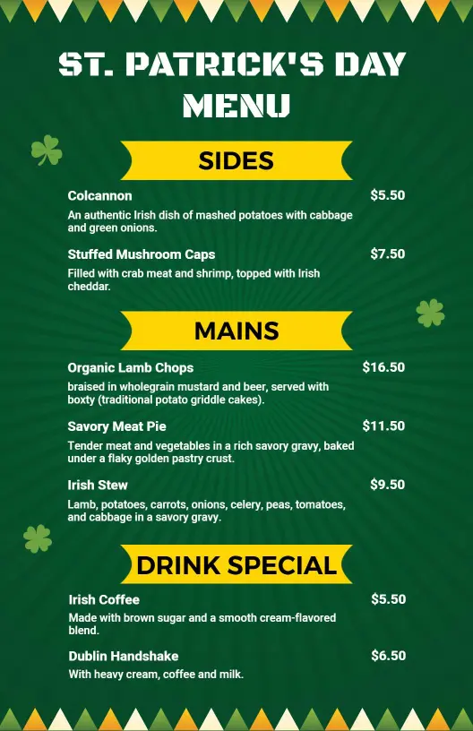 Traditional Irish Dishes and Festive Flavors St. Patrick's Day Menu Template