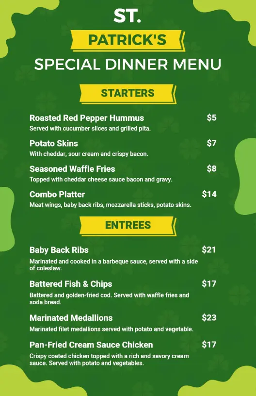 Traditional Irish Dishes and Festive Treats St. Patrick's Day Menu Template
