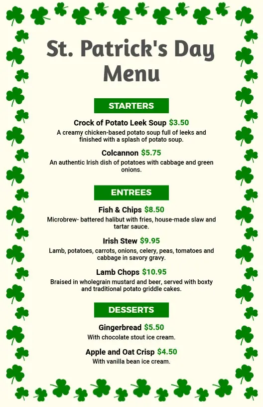 Traditional Irish Dishes with Festive Flavors St. Patrick's Day Menu Template