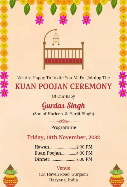 Traditional Kuan Poojan Ceremony Baby Celebration Invitation Template