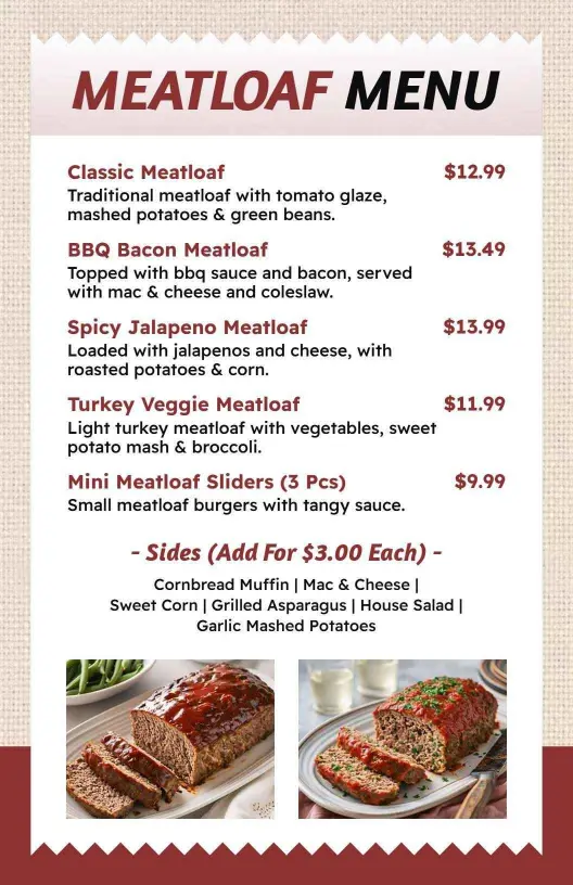 Traditional Meatloaf Varieties with Pricing Details Menu Template
