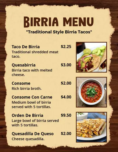 Traditional Mexican Cuisine Birria Menu Template