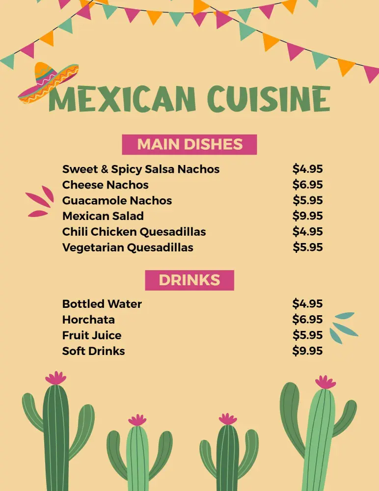 Traditional Mexican Cuisine with Festive Decorations Menu Template