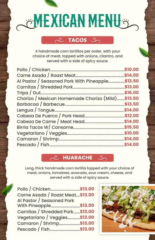 Traditional Mexican Cuisine with Taco Options Menu Template