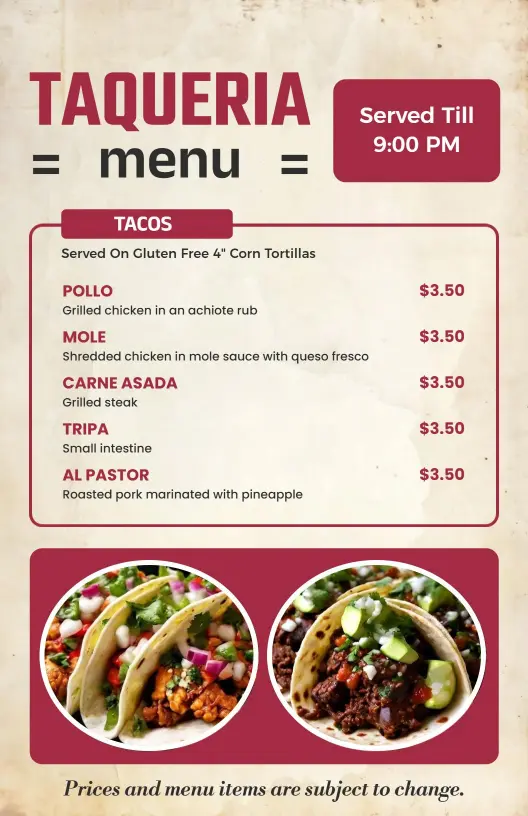 Traditional Mexican Tacos with Various Meat Choices Taqueria Menu Template
