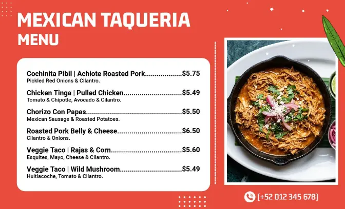 Traditional Mexican Taqueria Dishes Featuring Cochinita Pibil Menu Template