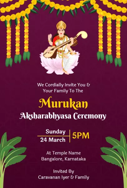 Traditional Murukan Aksharabhyasa Ceremony Invitation Template
