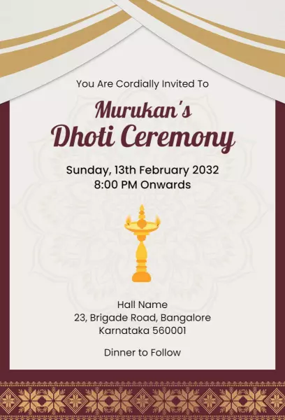 Traditional Murukan Dhoti Ceremony Celebration Invitation Template