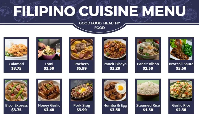 Traditional Navy Blue Filipino Cuisine Restaurant Menu Template