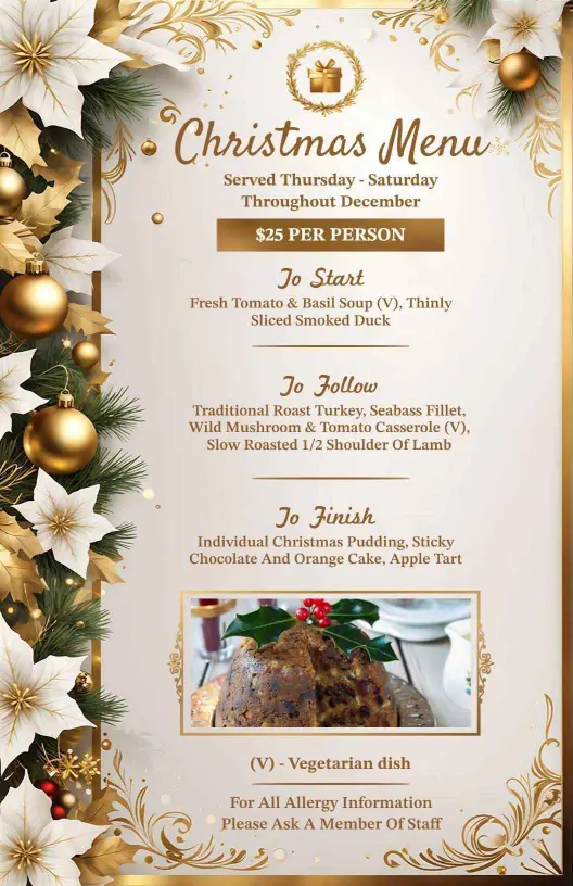 Traditional Roast Turkey and Festive Desserts Christmas Menu Template