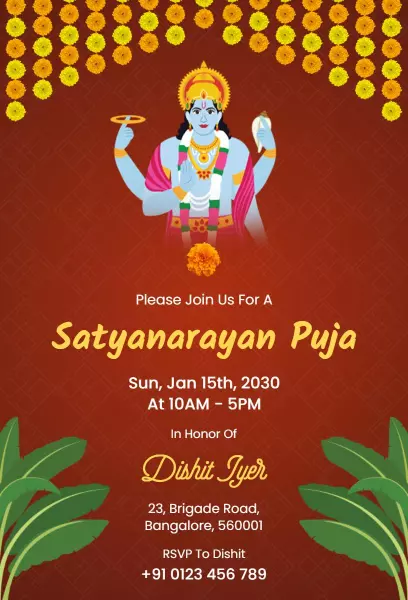 Traditional Satyanarayan Puja Family Ceremony Invitation Template