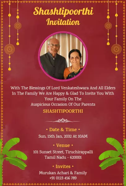 Traditional Shashti Poorthi Family Ceremony Invitation Template