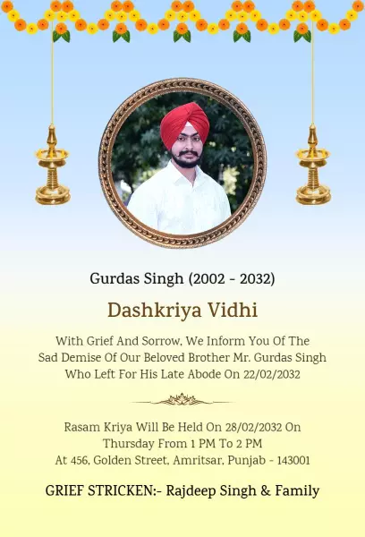 Traditional Sikh Dashkriya Vidhi Funeral Invitation Template
