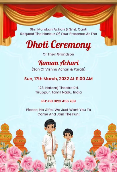 Traditional South Indian Dhoti Ceremony Invitation Template