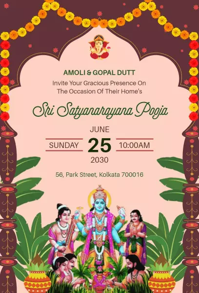 Traditional Sri Satyanarayana Pooja Ceremony Invitation Template