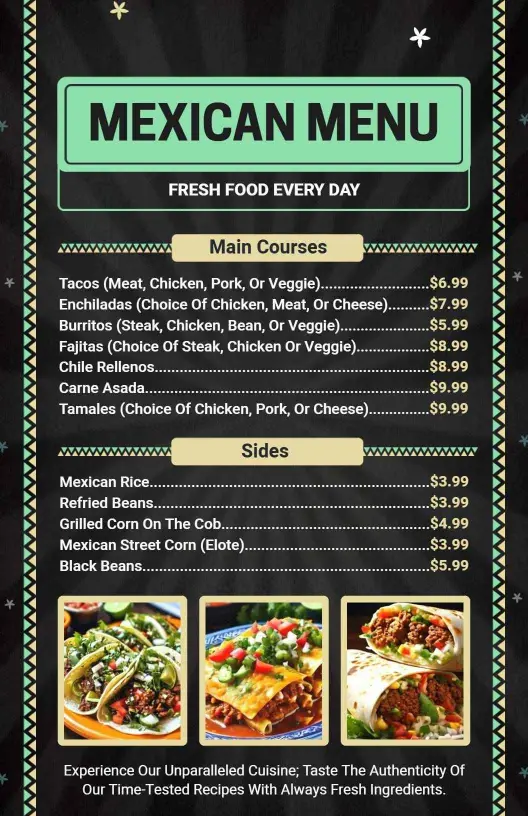 Traditional Teal and Black Mexican Cuisine Menu Template