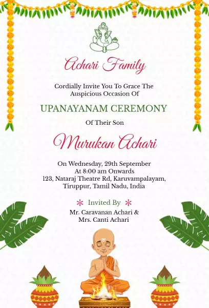 Traditional Upanayanam Sacred Ceremony Invitation Template