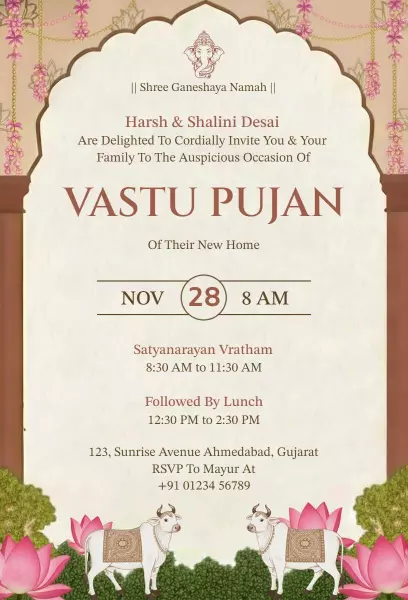 Traditional Vast Pujan Housewarming Ceremony Invitation Template