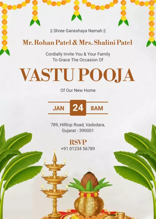 Traditional Vastu Pooja New Home Blessing Invitation Template