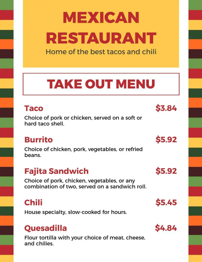 Traditional Vibrant Mexican Cuisine Takeout Menu Template