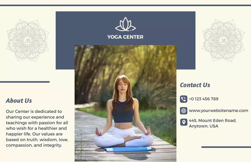 Tranquil Yoga Center Meditation Benefits and Class Info Brochure Template