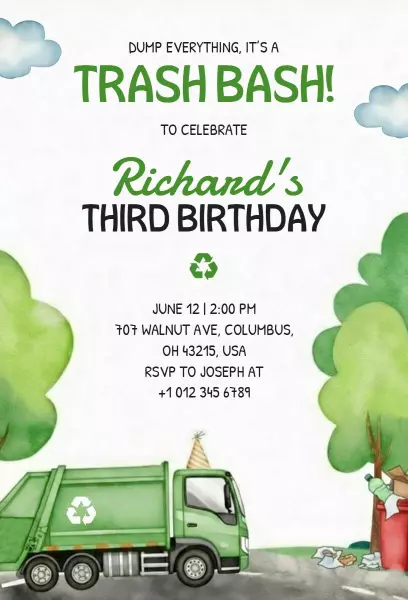 Trash Bash Eco-Friendly Third Birthday Celebration Invitation Template